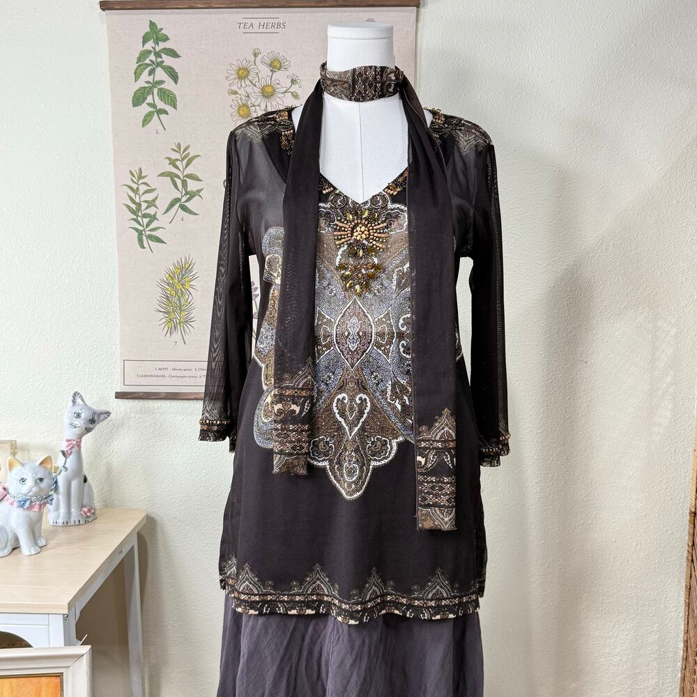 Vintage 90s Y2k Sheer Mesh Beaded Tunic Top & Scarf Boho Fairy Grunge Hippie M